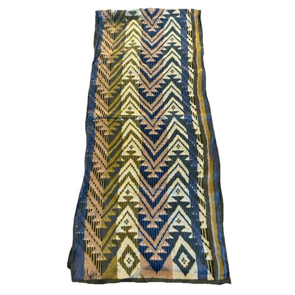 Vtg Scarves By Vera Neumann Blue Aztec Hand Rolled Oblong Silk Scarf 10”x44” - Picture 2 of 6